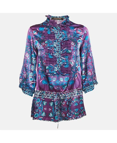 Pre-Owned Roberto Cavalli Women's Purple Floral Print Silk Ruffled Top