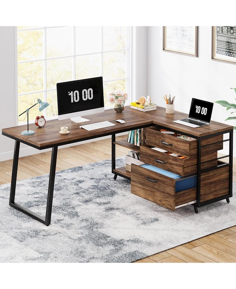 Tribesigns 53" W × 19.7" Wood L-Shaped Desk with 3 Drawers, Reversible Corner Home Office Computer Shelves