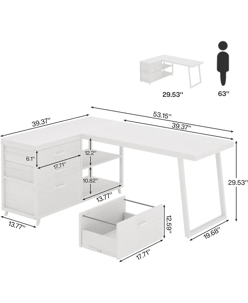 Tribesigns 53" W × 19.7" Wood L-Shaped Desk with 3 Drawers, Reversible Corner Home Office Computer Shelves