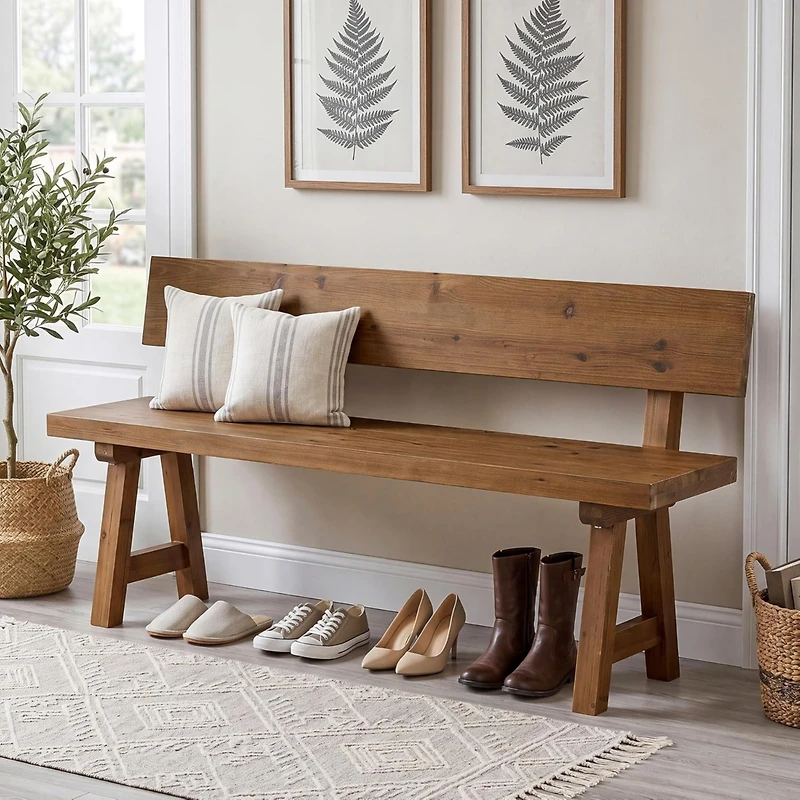 Tribesigns Solid Wood Bench with Back, 47-Inch Long Farmhouse Wooden Indoor Window Bench Seat