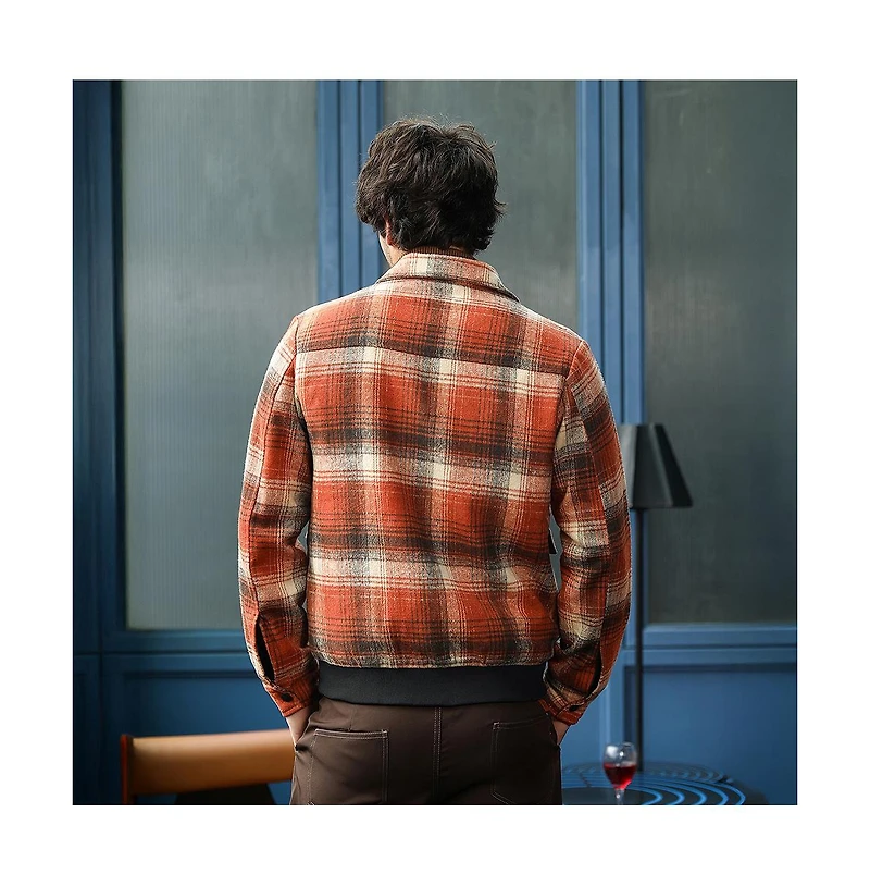 Campus Sutra Men's Burnt Sienna Zip-Front Plaid Jacket.