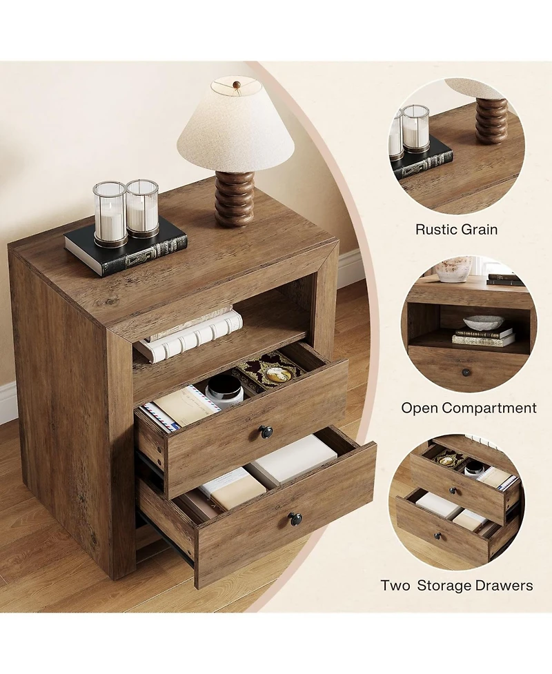 Tribesigns Farmhouse Nightstand with 2 Storage Drawers, Rustic Nightstand Table with Open Shelf, End Side Table, Rustic