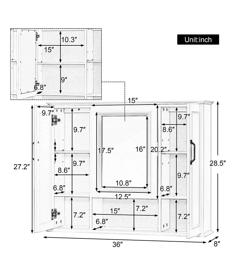 Casainc 36" Wall Mounted Medicine Cabinet with Mirror and 3 Doors