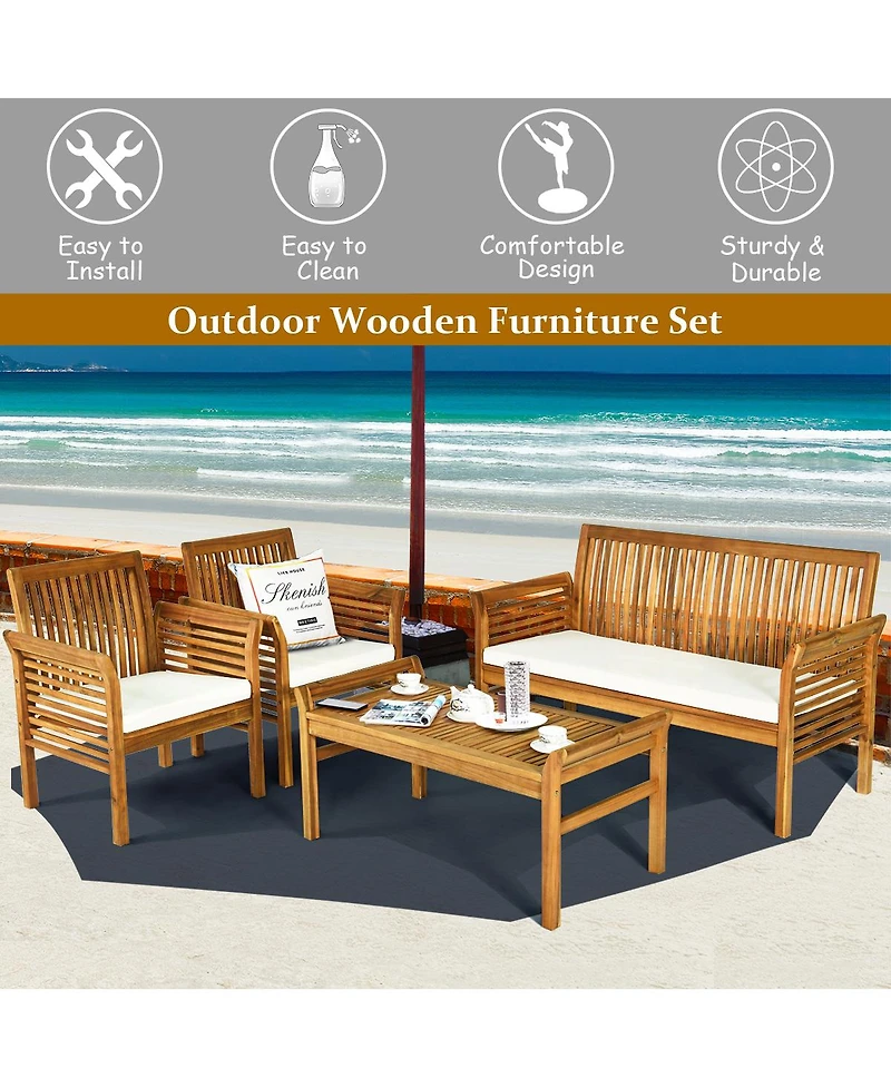 Costway 8 Pcs Outdoor Acacia Wood Sofa Furniture Set Cushioned Chair Coffee Table Garden