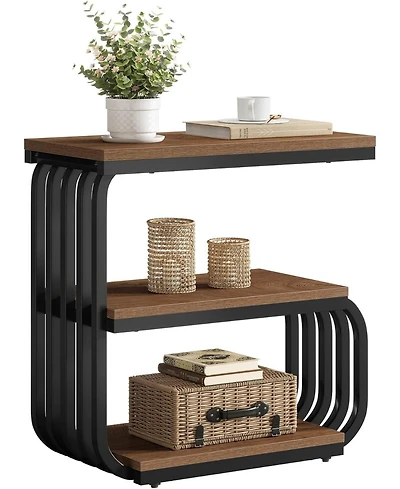 Tribesigns Small End Table, 3 Tier Design Accent Table with Metal Frame, Industrial Vintage Nightstand for Living Room, or Small Spaces (1, Brown)
