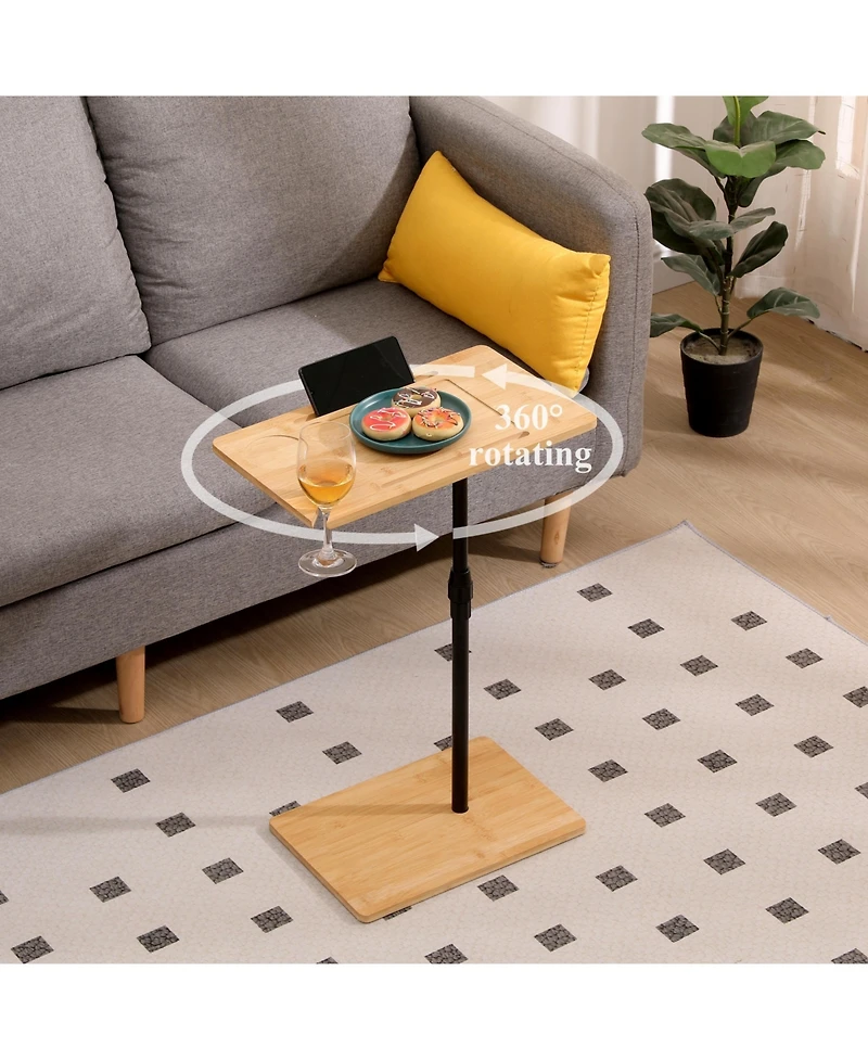 sumyeg Adjustable Bamboo C-Shaped Couch Tray Table with 2-Tier Rectangle Design