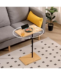 sumyeg Adjustable Bamboo C-Shaped Couch Tray Table with 2-Tier Rectangle Design