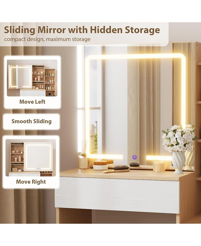 Gaomon Vanity Desk with Sliding Mirror & Lights, 4 Drawers, 7 Shelves, Charging Station, Stool Included, 3 Lighting Modes, Modern Makeup Vanity