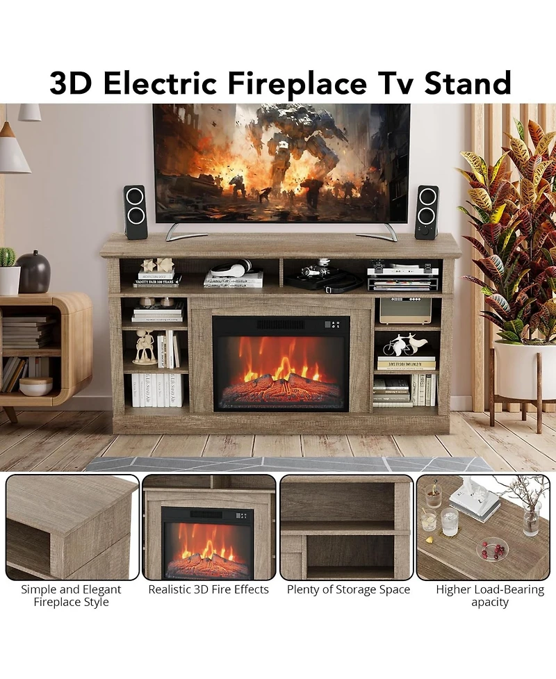 gaomon Fireplace Tv Stand for 58" Tv, 23" Fireplace Insert with Remote, Led Flame, Timer, Media Console, Freestanding