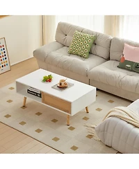 sumyeg Modern Rattan Coffee Table with Sliding Door Storage and Solid Wood Legs