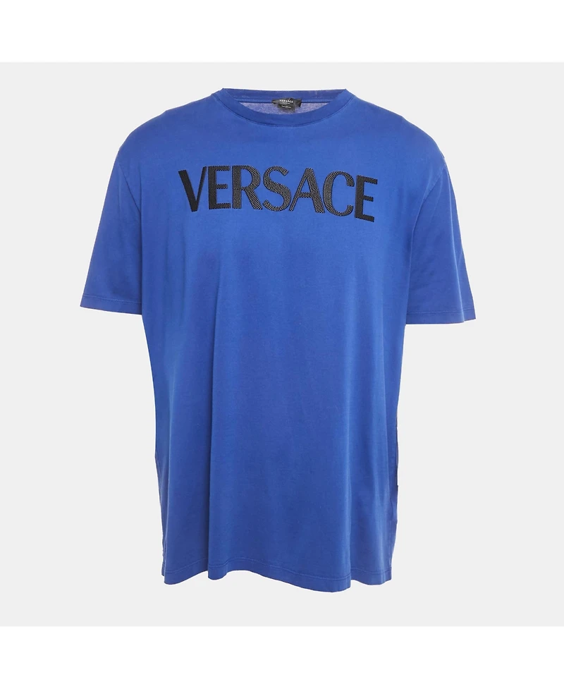 Pre-Owned Versace Big & Tall Men's Blue Logo Embroidered Cotton Crew Neck T-Shirt
