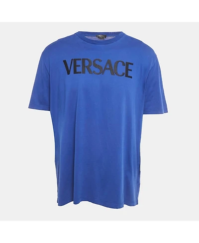 Pre-Owned Versace Big & Tall Men's Blue Logo Embroidered Cotton Crew Neck T-Shirt
