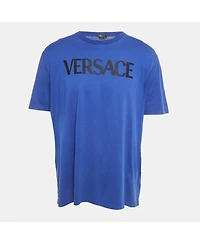 Pre-Owned Versace Big & Tall Men's Blue Logo Embroidered Cotton Crew Neck T-Shirt
