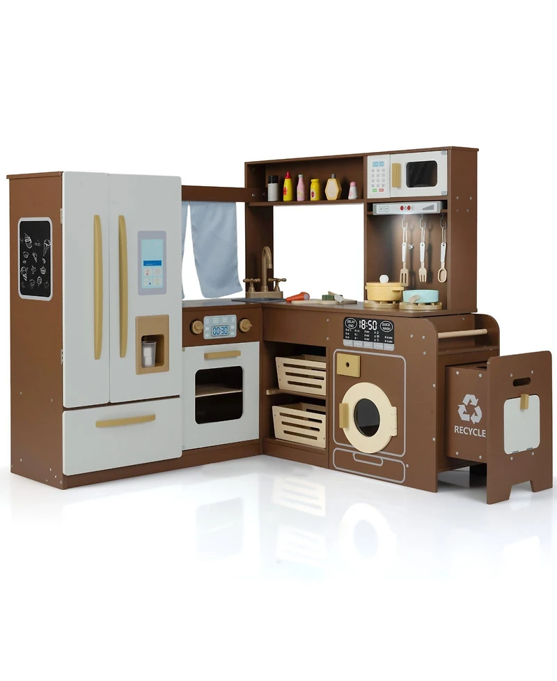 Hongge Wooden Corner Play Kitchen Set With Lights Sounds And 22 Accessories