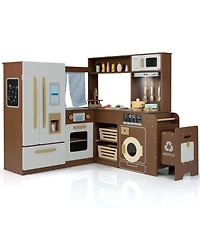 Hongge Wooden Corner Play Kitchen Set With Lights Sounds And 22 Accessories