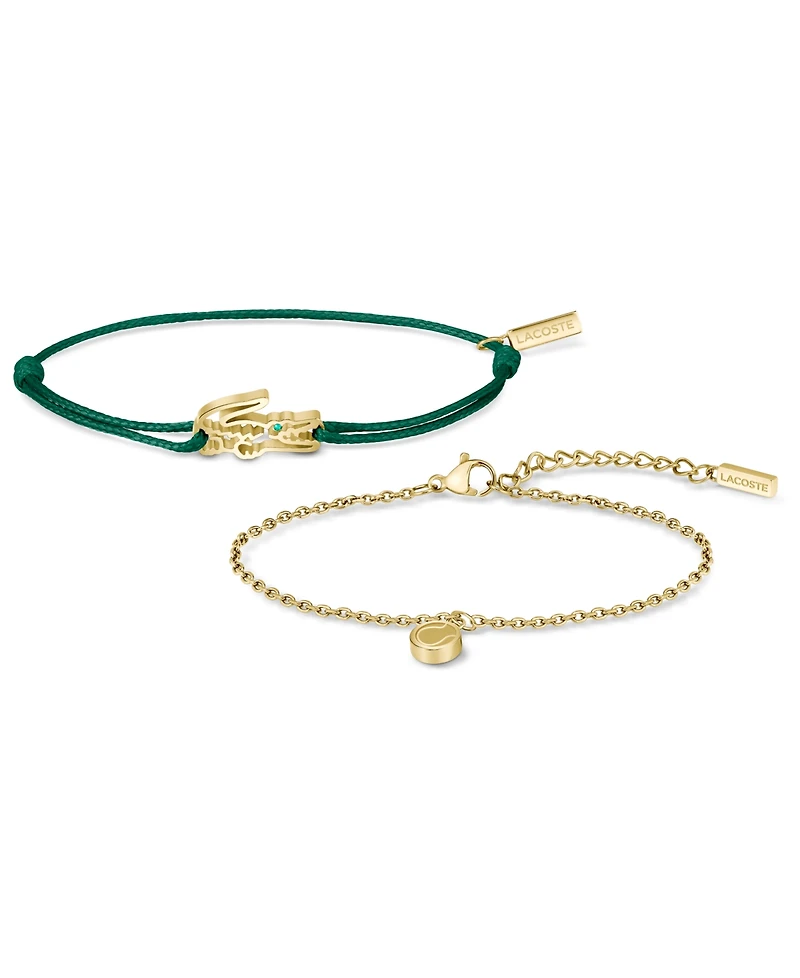 Lacoste Crocodile Gold-Plated Stainless Steel and Green Nylon Cord Bracelets Gift Set