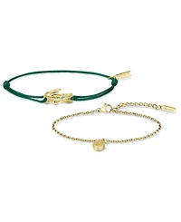 Lacoste Crocodile Gold-Plated Stainless Steel and Green Nylon Cord Bracelets Gift Set