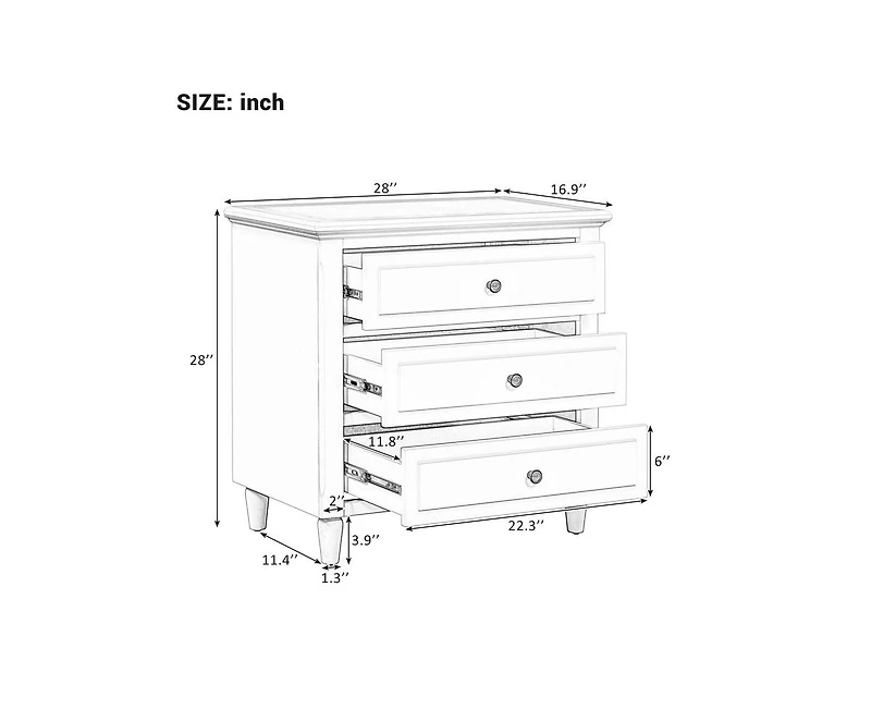 sumyeg 3 Drawer Nightstand Smooth Gliding Rails and Metal Handles