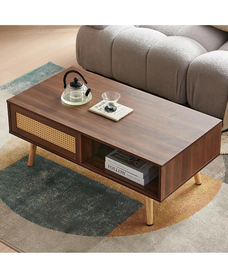 sumyeg Pe Rattan Coffee Table with Sliding Storage Door and Solid Wood Legs for Living Room