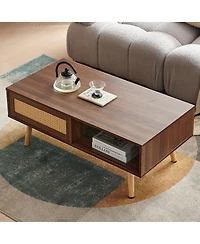 sumyeg Pe Rattan Coffee Table with Sliding Storage Door and Solid Wood Legs for Living Room