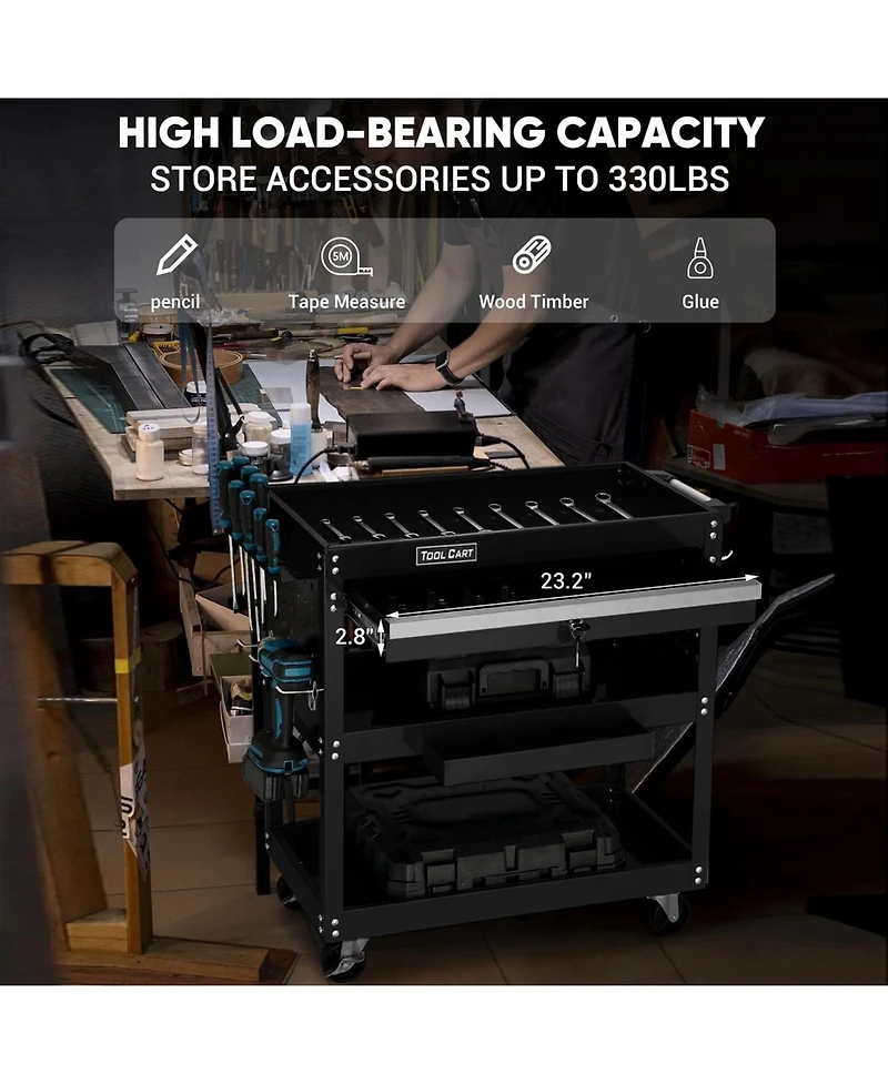 Ldhthopi 3 Tier Rolling Tool Cart All Metal Utility Cart with Wheels 330 lb Capacity and Storage Shelves for Garage or Workshop