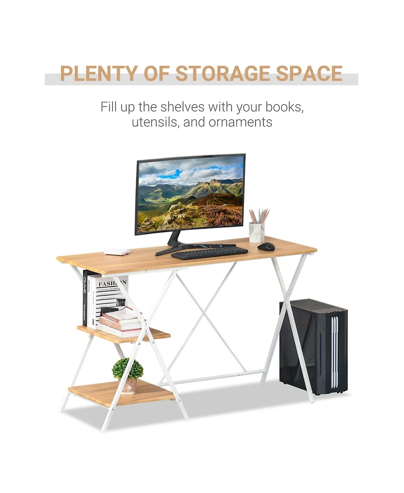 Homcom Computer Desk with 2-Tier Storage Shelves Wood Grain Writing Desk, Natural