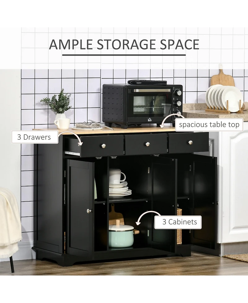 Homcom Modern Sideboard with Rubberwood Top, Buffet Cabinet with Storage Cabinets, Drawers and Adjustable Shelves for Living Room, Kitchen, Black