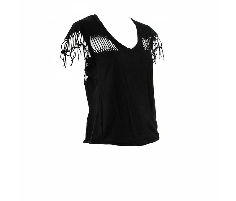 Pre-Owned Zadig & Voltaire Women's Black Cotton Scoop Neck Wanda Fringes T-Shirt