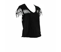 Pre-Owned Zadig & Voltaire Women's Black Cotton Scoop Neck Wanda Fringes T-Shirt