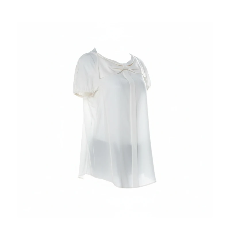 Pre-Owned Moschino Women's Cream Silk Crepe De Chine Bow Detail Short Sleeve Blouse