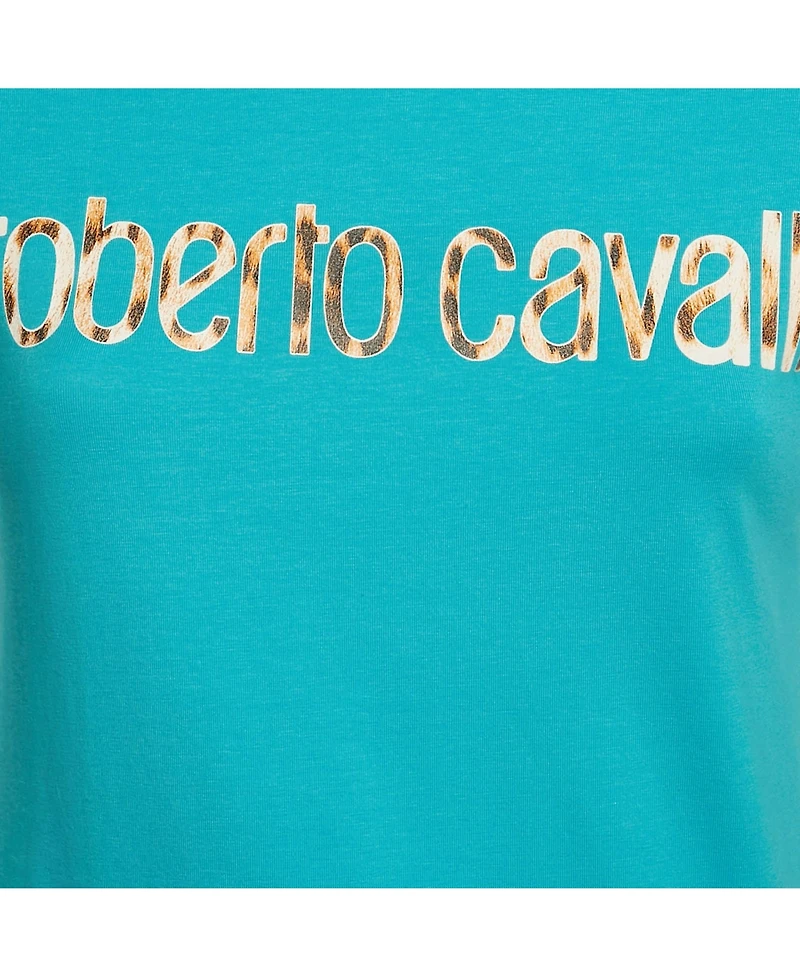 Pre-Owned Roberto Cavalli Women's Blue Logo Print Jersey T-Shirt