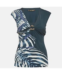 Pre-Owned Roberto Cavalli Women's Printed Jersey Neck Detail Top