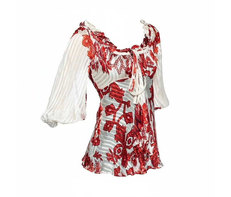 Pre-Owned Roberto Cavalli Women's Ivory & Red Printed Silk Neck Tie Detail Blouse