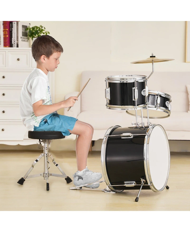 Sugift Kids Drum Set 3-Piece 14" Beginner Kit with Throne Pedal Sticks Black