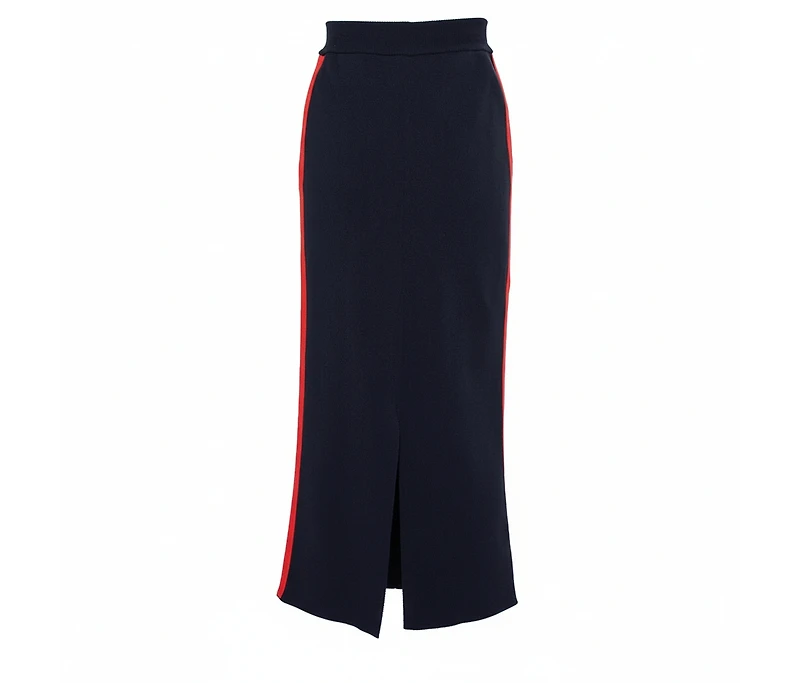 Pre-Owned Stella Mccartney Women's Navy Blue Cotton Knit Contrast Stripe Panel Detail Midi Skirt