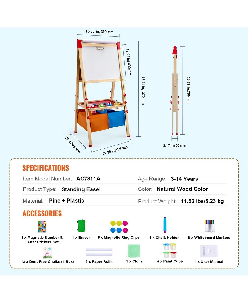 Sugfit 3-in-1 Wooden Art Easel with Storage Compartment & Adjustable Height