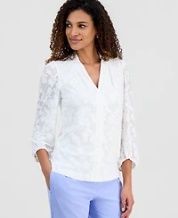 Kasper Women's Burnout Floral V-Neck Blouse with 3/4 Balloon Sleeves, Regular & Petite