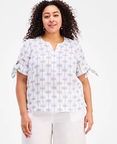 Charter Club Plus Linen Solid Split-Neck Tie-Cuff Top, Exclusively at Macy's