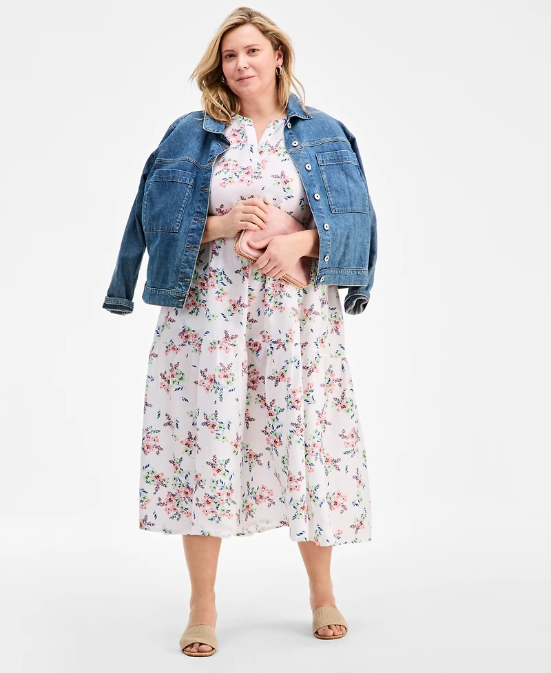 Charter Club Plus Linen Tie-Sleeve Tiered Dress, Macy's Exclusive