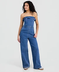 Tinseltown Juniors' Ruffled Strapless Wide-Leg Jumpsuit