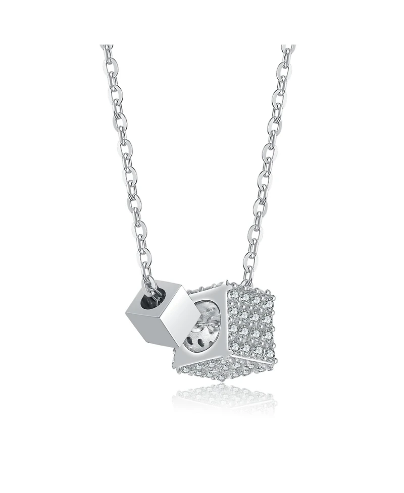 Genevive Sterling Silver White Gold Plated with Clear Cubic Zirconia Two-Square Pendant Necklace