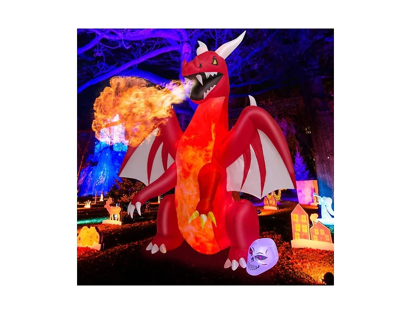 Mondawe 8 ft Halloween Inflatables Blow-up Red Dragon with Wings Skull
