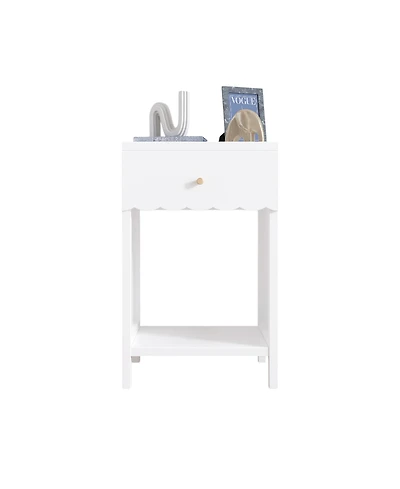 sumyeg Minimalist Scalloped Edge Nightstand with Drawer and Open Shelf in White