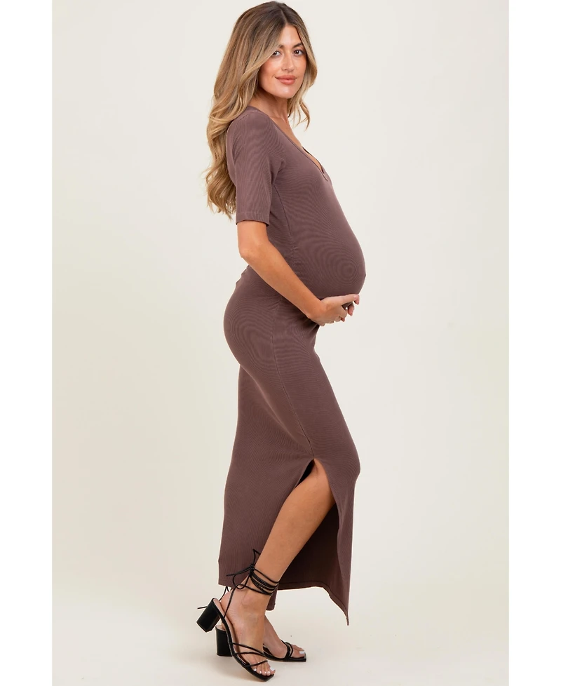 Pinkblush Maternity Brown Ruched Short Sleeve Side Slit Midi Dress