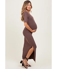 Pinkblush Maternity Brown Ruched Short Sleeve Side Slit Midi Dress