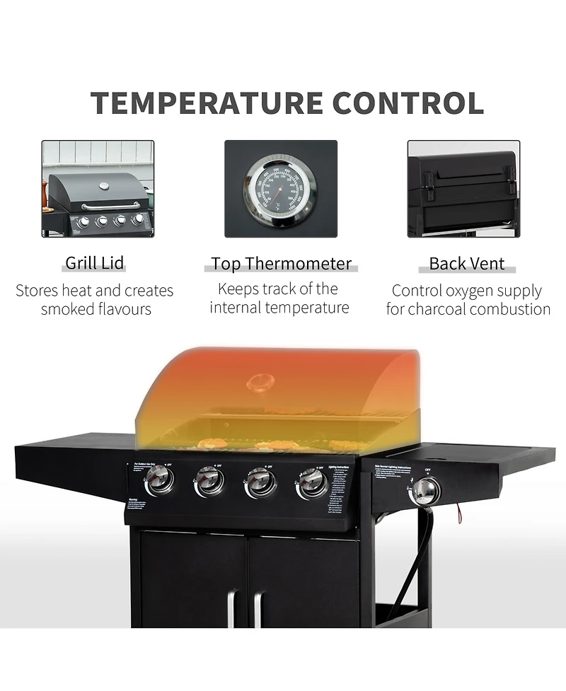 Outsunny 4 Burner Propane Gas Grill with Side Burner,