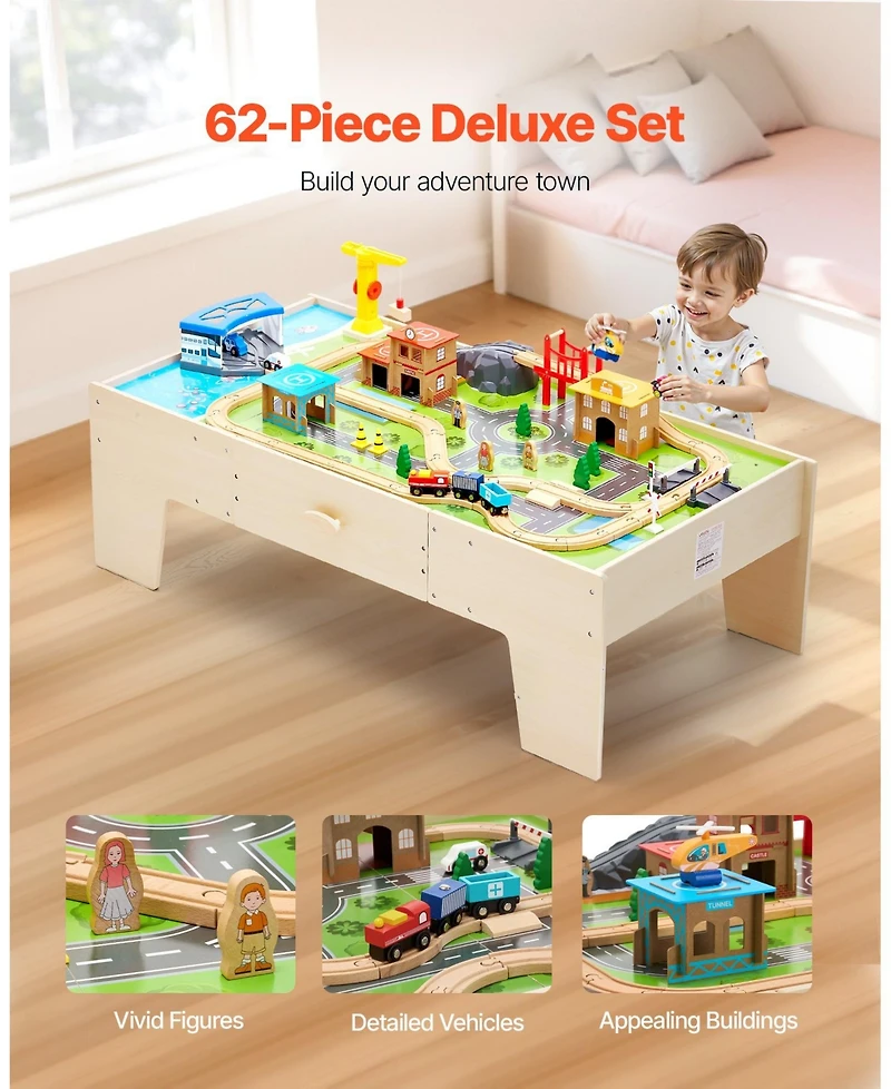 Mecale Train Table, 62 Pcs Wooden Activity Table with Large Drawer, 3-in-1 Train Set for Playing, Drawing & Reading, Toy for Kids 3