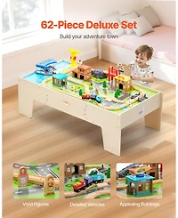 Mecale Train Table, 62 Pcs Wooden Activity Table with Large Drawer, 3-in-1 Train Set for Playing, Drawing & Reading, Toy for Kids 3