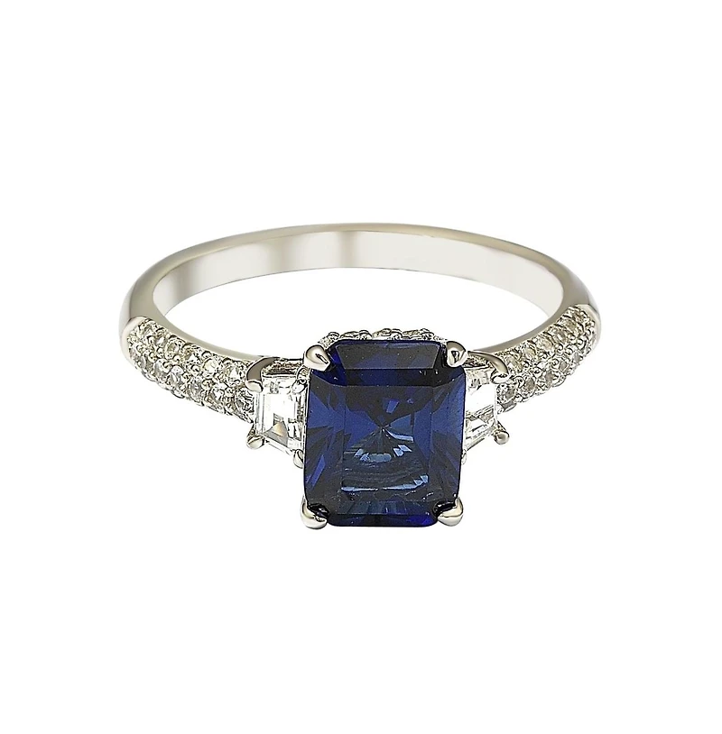 Suzy Levian Sterling Silver Sapphire & Created White Sapphire Emerald Cut Proposal Ring (8 mm