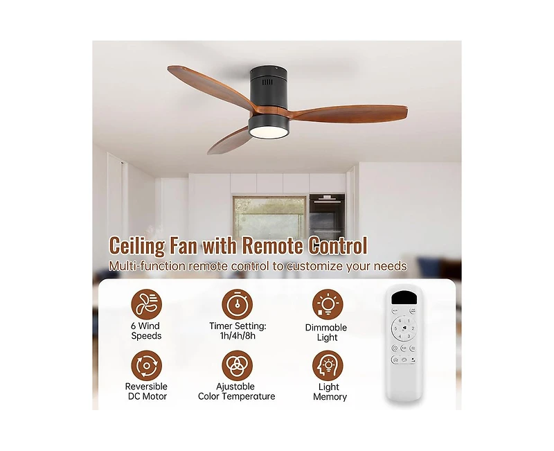 Sofucor 52-inch Classic Black 3-Blade Flush Mount Ceiling Fan with Light and Remote Control